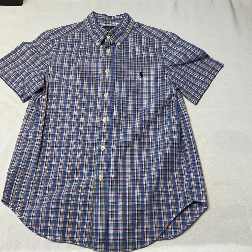 Ralph Lauren‎ Button Down Shirt Boys Medium 10-12 Blue Plaid Pony Short Sleeve